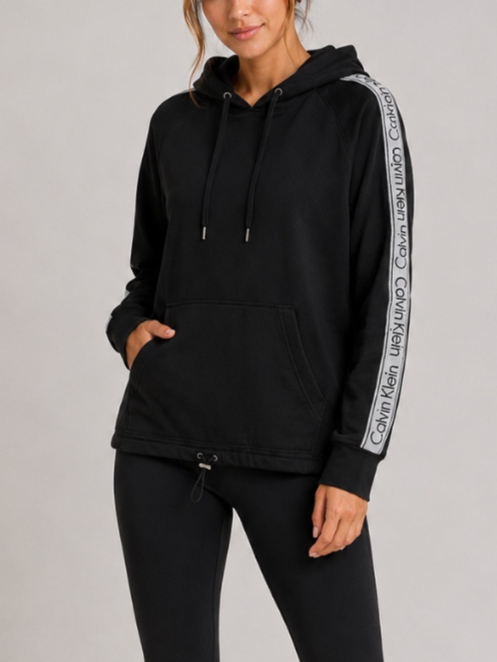 Calvin Klein Performance Women’s Black Hoodie Sweatshirt w/ Logo Sleeve, size XL